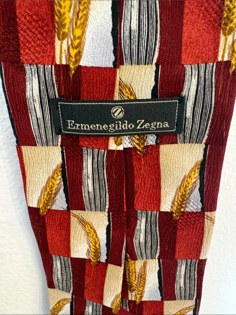Ermenegildo Zegna Red, Gold and Cream Checkerboard Wheat-Print Silk Tie